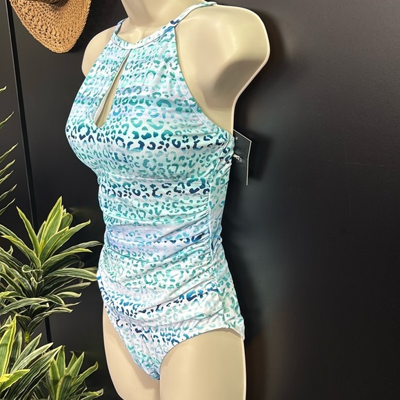 Ellen Tracy Drape waist,high neck,keyhole,straight back,padded,print,swim - Picture 5 of 12